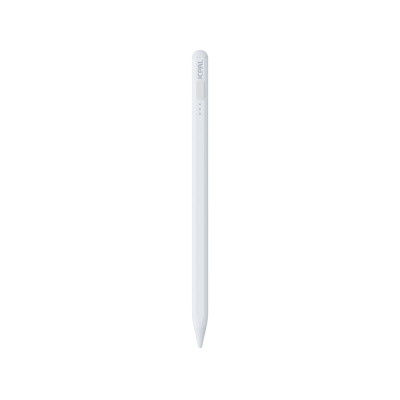 Biały rysik JCPAL AccuPen Smart Magnetic Stylus do iPada z widocznym logo producenta na obudowie oraz trzema diodami LED wskazującymi stan naładowania.
