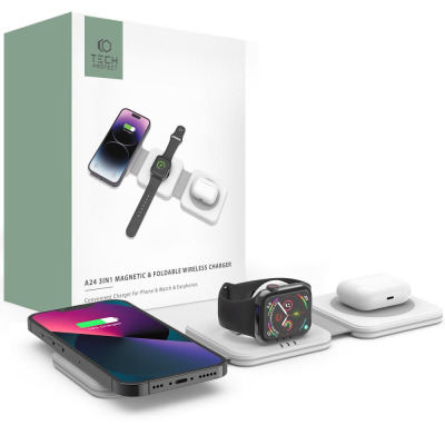 Biała składana ładowarka indukcyjna Tech-Protect A24 3w1 MagSafe ładująca jednocześnie iPhone'a, Apple Watch oraz słuchawki AirPods na płaskiej powierzchni.