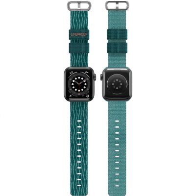 Pasek LifeProof Eco Friendly Trident do Apple Watch 44-49 mm w kolorze morskim, widok z przodu i z tyłu z logotypem marki na szlufce oraz zapięciem.