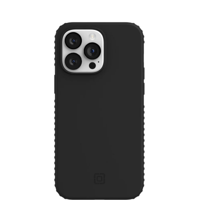 Czarne etui Incipio Grip z MagSafe do iPhone 14 Pro Max, prezentujące teksturowane krawędzie oraz wycięcie na potrójny aparat z charakterystyczną wyspą.
