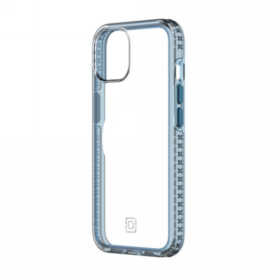 Przeźroczyste etui Incipio Grip do iPhone 14 Pro Max z niebieskimi krawędziami, widocznym pierścieniem MagSafe oraz wycięciem na wyspę aparatów.