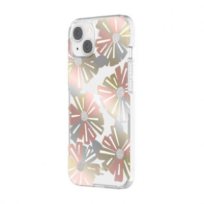 Przezroczyste etui Kate Spade New York do iPhone 13 z nadrukiem kolorowych kwiatów i srebrnymi akcentami, widok na tył urządzenia z wyspą aparatów.