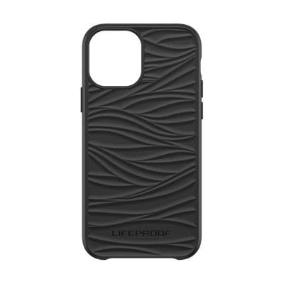 Czarne etui LifeProof WAKE do iPhone 12 i 12 Pro z wytłoczonym falistym wzorem na pleckach oraz wycięciem na wyspę aparatów, widok od strony tylnej.