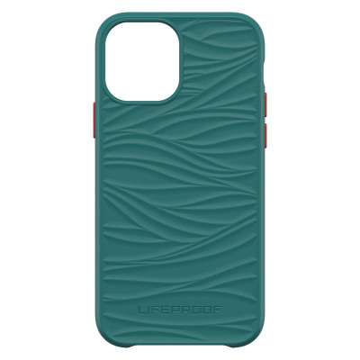 Niebieskie etui LifeProof WAKE do iPhone 12 i 12 Pro z falistym wzorem na pleckach, widocznym wycięciem na aparat oraz logotypem marki u dołu obudowy.