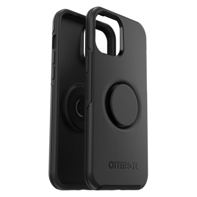 Czarne etui OtterBox Symmetry z wbudowanym uchwytem PopSockets do iPhone 12 Pro Max, ukazujące profil obudowy z wycięciem na aparat oraz logo producenta.