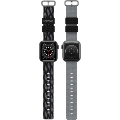 Pasek LifeProof do Apple Watch 44-49 mm w czarny wzór, prezentowany z przodu i z tyłu wraz z kopertą zegarka oraz szarym wariantem kolorystycznym paska.