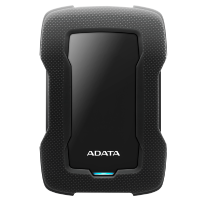 Czarny dysk zewnętrzny ADATA HD330 o wzmocnionej, teksturowanej obudowie z błyszczącym panelem środkowym i świecącą na niebiesko diodą LED u dołu urządzenia.