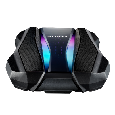 Czarny dysk zewnętrzny ADATA HD770G o geometrycznej, futurystycznej obudowie z centralnym panelem podświetlanym kolorami RGB i widocznym logo ADATA.