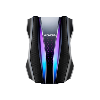 Czarny dysk zewnętrzny ADATA HD770G o futurystycznym kształcie z podświetlanym panelem RGB w kształcie litery V oraz centralnie umieszczonym logo marki.