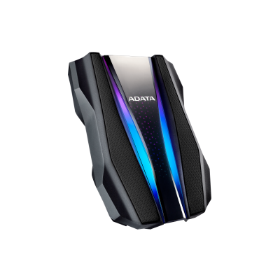 Czarny dysk zewnętrzny ADATA HD770G o futurystycznym kształcie z podświetlanymi na niebiesko i fioletowo panelami LED oraz logo marki na środku obudowy.