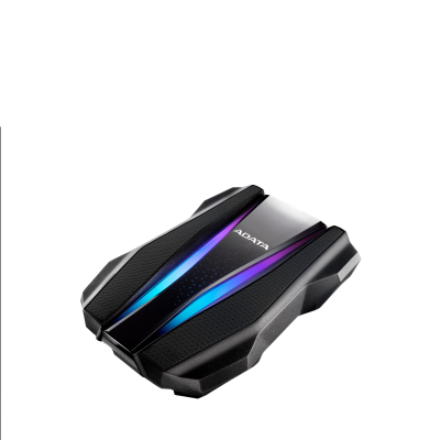 Czarny dysk zewnętrzny ADATA HD770G o futurystycznym kształcie z podświetlanymi na niebiesko i fioletowo pasami RGB oraz wyraźnym logo producenta na obudowie.