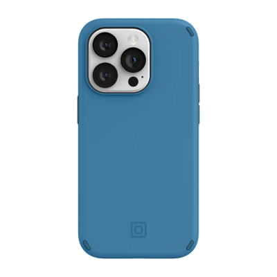 Niebieskie etui Incipio Duo do iPhone 14 Pro z widoczną wyspą aparatów, logotypem marki na dole oraz charakterystycznymi zaokrągleniami w narożnikach obudowy.
