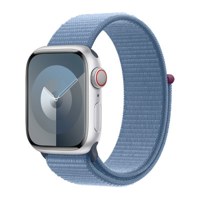 Apple Watch S9 41mm aluminium + Cellular w kolorze srebrnym z opaską sportową w kolorze zimowego błękitu