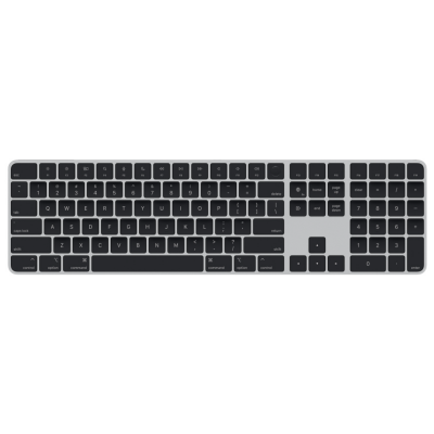 Klawiatura Apple Magic Keyboard z Touch ID i polem numerycznym w kolorze czarnym, widok z góry na układ klawiszy w formacie angielskim międzynarodowym.