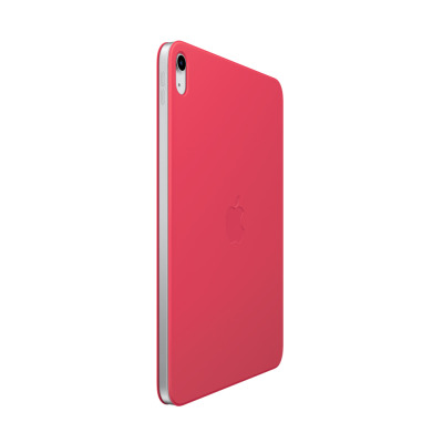 Arbuzowe etui Apple Smart Folio do iPada 10. generacji, widok z profilu na srebrną krawędź tabletu z wycięciem na aparat i przyciski głośności.