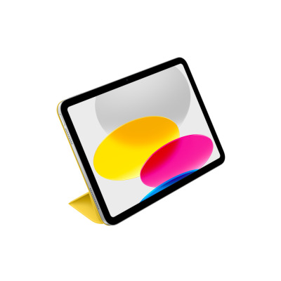 Żółte etui Apple Smart Folio do iPada 10. generacji w widoku z przodu, ukazujące składaną konstrukcję z trzema pionowymi panelami w kolorze lemoniadowym.