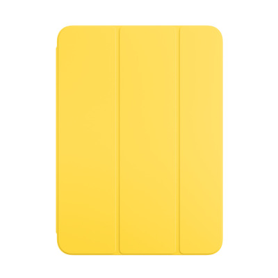 Żółte etui Apple Smart Folio do iPada 10. generacji w widoku z przodu, ukazujące składaną konstrukcję z trzema pionowymi panelami w kolorze lemoniadowym.