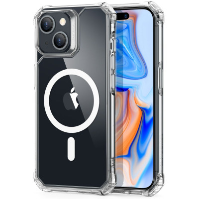 Przezroczyste etui ESR Air Armor z MagSafe do iPhone 15, ukazujące wzmocnione narożniki, wyspę aparatów oraz magnetyczny pierścień na tylnym panelu.