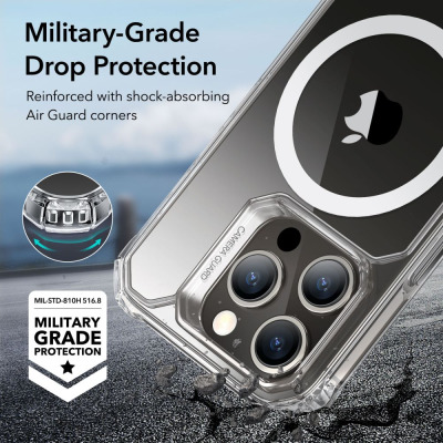 Przezroczyste etui ESR Air Armor z MagSafe do iPhone 15 Pro, ukazujące wzmocnione rogi, wyspę aparatów Camera Guard oraz tekst Military-Grade Protection.