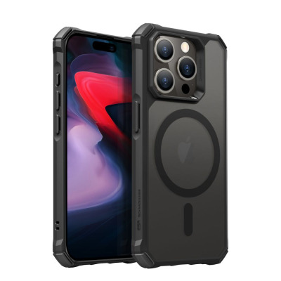 Czarne etui ESR Air Armor z MagSafe do iPhone 15 Pro Max, ukazujące wzmocnione narożniki, wyspę aparatów z napisem Camera Guard oraz tył z pierścieniem.