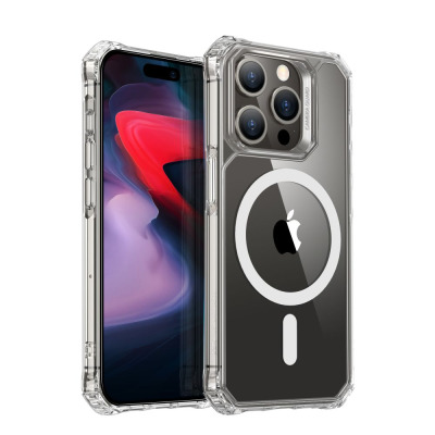 Przezroczyste etui ESR Air Armor z pierścieniem MagSafe na iPhone 15 Pro Max, ukazujące wzmocnione narożniki oraz precyzyjne wycięcie na wyspę aparatów.