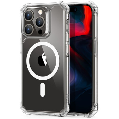 Przezroczyste etui ESR Air Armor z pierścieniem MagSafe na iPhone 15 Pro Max, ukazujące wzmocnione narożniki oraz precyzyjne wycięcie na wyspę aparatów.