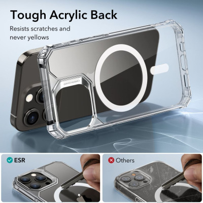 Przezroczyste etui ESR Air Armor z MagSafe do iPhone 15 Pro Max, prezentujące odporność na zarysowania w porównaniu z innymi pokrowcami, hasło Tough Acrylic