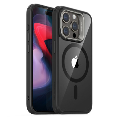 Etui ESR Classic Kickstand MagSafe do iPhone 15 Pro w kolorze czarnym z przezroczystymi pleckami, widoczna wyspa aparatów z napisem Camera Guard i podstawka.