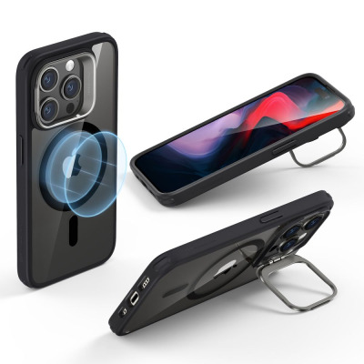 Etui ESR Classic Kickstand MagSafe do iPhone 15 Pro w kolorze czarnym, prezentowane z trzech stron z widoczną rozkładaną podstawką i pierścieniem magnetycznym.