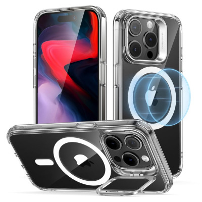 Przezroczyste etui ESR Classic Kickstand z MagSafe do iPhone 15 Pro Max, prezentowane w trzech ujęciach z widoczną rozkładaną podstawką przy aparacie.