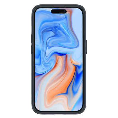 Czarne etui ESR Cloud Kickstand z MagSafe na iPhone 15, widok od frontu na ekran z abstrakcyjną niebiesko-pomarańczową tapetą oraz wycięciem Dynamic Island.