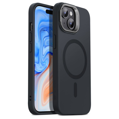 Czarne etui ESR Cloud Kickstand z MagSafe do iPhone 15, prezentujące wyspę aparatów z osłoną oraz rozkładaną podstawkę w formie ramki wokół obiektywów.