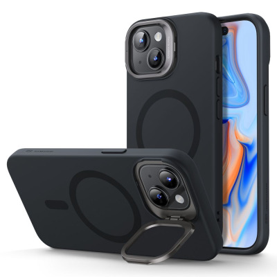 Czarne etui ESR Cloud Kickstand z MagSafe do iPhone 15, prezentujące wyspę aparatów z osłoną oraz rozkładaną podstawkę w formie ramki wokół obiektywów.