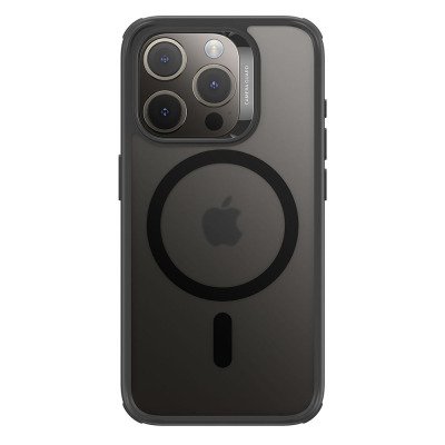 Czarne etui ESR Hybrid z MagSafe do iPhone 15 Pro Max, ukazujące matowe plecki z pierścieniem magnetycznym oraz precyzyjne wycięcia na wyspę aparatów.