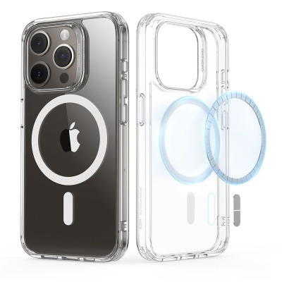 Przezroczyste etui ESR Hybrid z MagSafe do iPhone 15 Pro, prezentujące magnetyczny pierścień oraz konstrukcję z ochroną wyspy aparatów Camera Guard.
