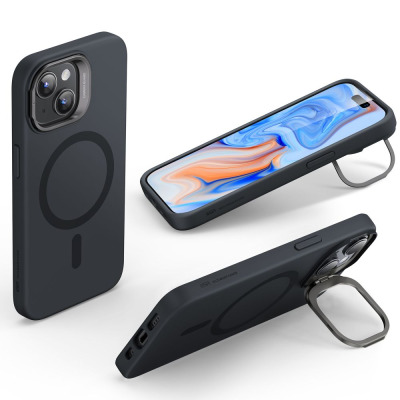 Czarne etui ESR Cloud Kickstand z MagSafe do iPhone 15, prezentowane w trzech ujęciach z widoczną rozkładaną podstawką przy aparacie oraz logiem marki.