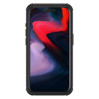 Przezroczyste etui ESR Armor Tough z czarną ramką do iPhone 15 Pro Max, widoczny pierścień MagSafe, wyspa aparatów z napisem Camera Guard oraz podstawka.