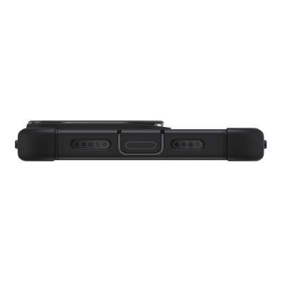 Dolna krawędź etui ESR Armor Tough do iPhone 15 Pro Max z widocznym portem ładowania, symetrycznymi otworami głośników oraz zintegrowaną podstawką kickstand.