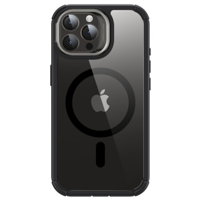 Przezroczyste etui ESR Armor Tough z czarną ramką do iPhone 15 Pro Max, widoczny pierścień MagSafe, wyspa aparatów z napisem Camera Guard oraz podstawka.