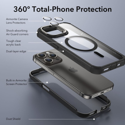 Etui ESR do iPhone 15 Pro Max w rozłożeniu na części, prezentujące ochronę 360 stopni, osłony obiektywów, wbudowaną szybkę i wzmocnione narożniki Air Guard.