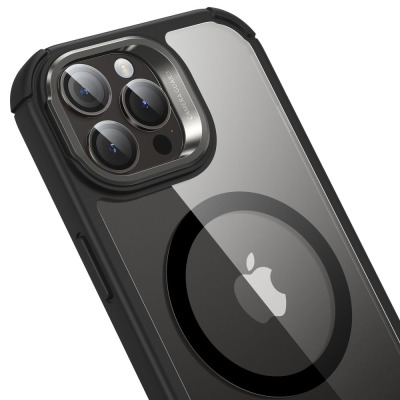 Przezroczyste etui ESR Armor Tough z czarną ramką na iPhone 15 Pro Max, ukazujące potrójny aparat z napisem Camera Guard oraz magnetyczny pierścień MagSafe.