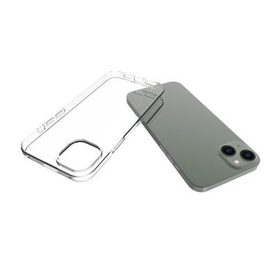 Przeźroczyste etui eSTUFF do iPhone 14 Plus obok telefonu z włączonym kolorowym ekranem, prezentujące wycięcia na aparat oraz przyciski boczne urządzenia.