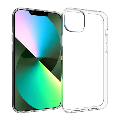 Przeźroczyste etui eSTUFF do iPhone 14 Plus obok telefonu z włączonym kolorowym ekranem, prezentujące wycięcia na aparat oraz przyciski boczne urządzenia.