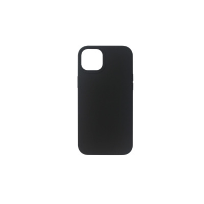 Czarne etui silikonowe eSTUFF do iPhone 14 Plus z wycięciem na wyspę aparatów, ukazane w widoku od strony plecków na jednolitym tle.