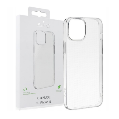 Przeźroczyste etui PURO 0.3 Nude do iPhone 15 obok białego opakowania z nadrukiem nazwy produktu, widoczny otwór na wyspę aparatów oraz logo producenta.