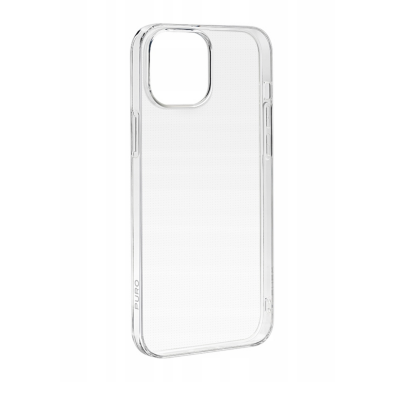 Przeźroczyste etui PURO ICON 0.3 Nude do iPhone 15 z widocznym wycięciem na wyspę aparatów, przyciskami bocznymi oraz logotypem marki na dolnej krawędzi.