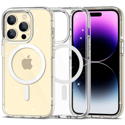 Przeźroczyste etui Tech-Protect Glitter MagSafe do iPhone 15 Pro z brokatowym wykończeniem, widoczne w trzech ujęciach: z tyłu, z boku oraz na telefonie.