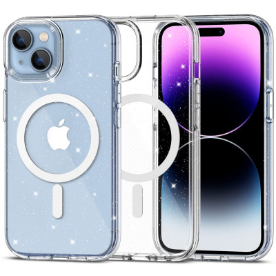 Przeźroczyste etui Tech-Protect Glitter MagSafe do iPhone 15 z brokatowym wykończeniem, widoczne obok smartfona z wyświetlaczem i wyspą aparatów.