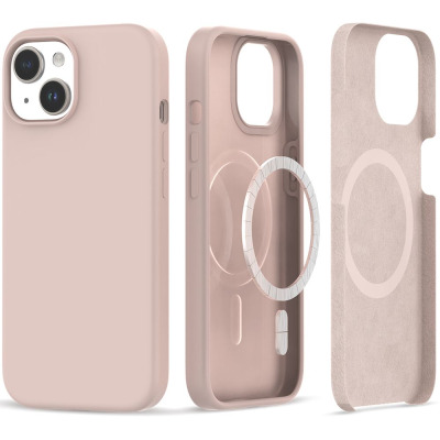 Różowe etui Tech-Protect Silicone MagSafe do iPhone 15, ukazane w trzech widokach: od tyłu z wyspą aparatów, wnętrze z pierścieniem magnetycznym i wyściółką.