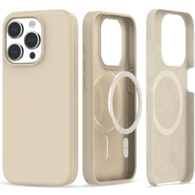 Beżowe etui silikonowe Tech-Protect do iPhone 15 Pro z wbudowanym pierścieniem MagSafe, ukazane w trzech widokach: z tyłu, z boku oraz od wewnętrznej strony.